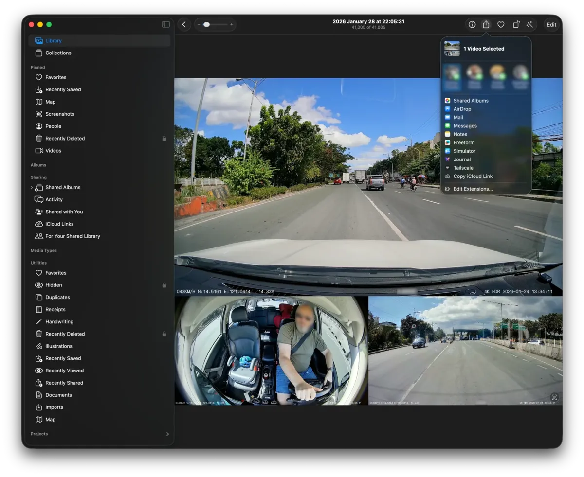 Apple Photos app showing Dashcam Export combined video