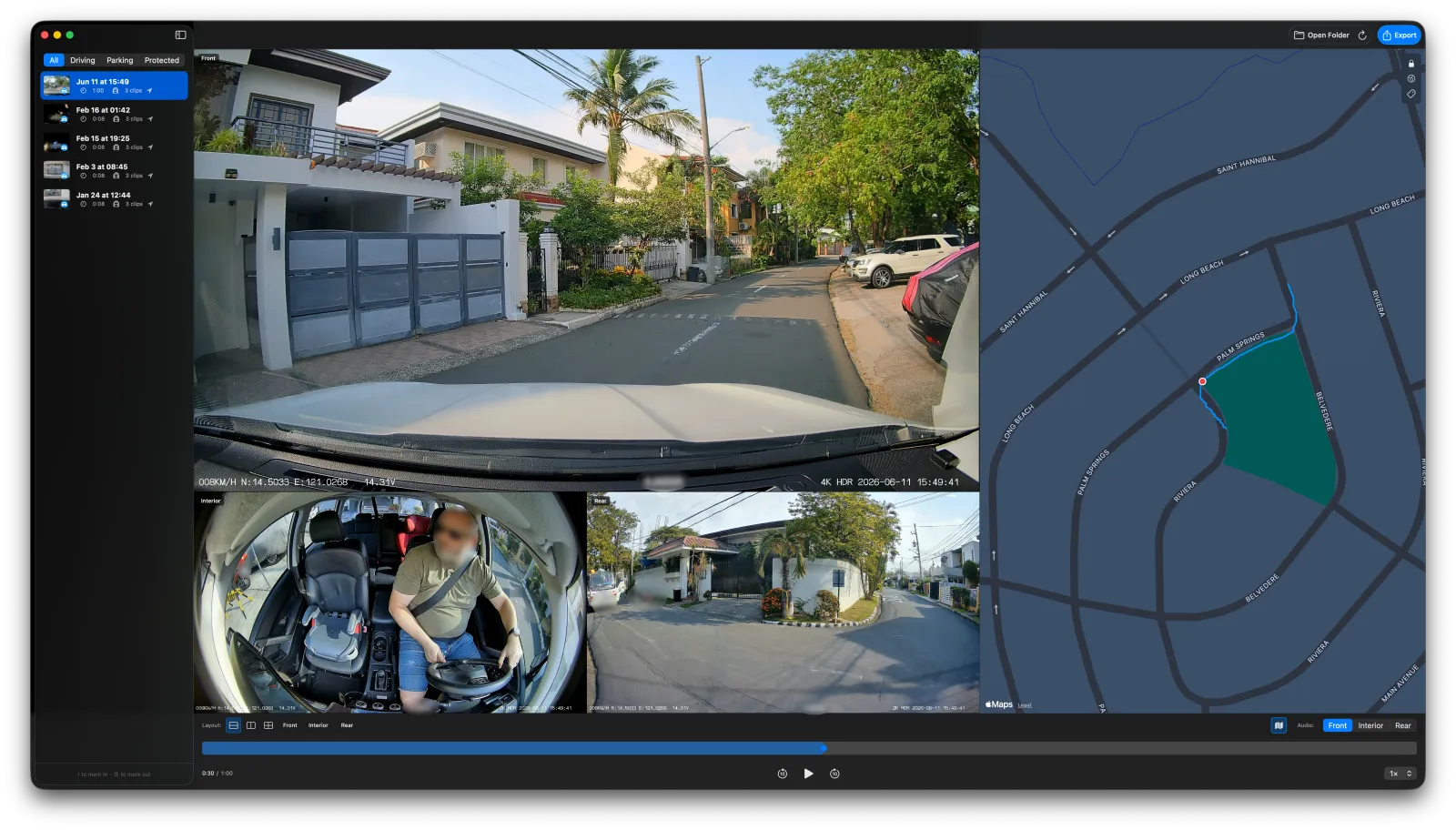 Dashcam Export player showing footage next to the synced GPS route map